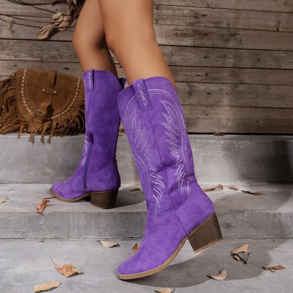 ⚡Women's Purple Solid Color Suede Embroidered Side Zipper High Heeled Boots - Picture 5 of 7